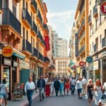 Murcia Trapería és Platería utcáin sétáló emberek üzletek között