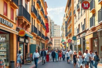 Murcia Trapería és Platería utcáin sétáló emberek üzletek között