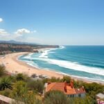 Murcia strandja napsütésben, gyönyörű tengerparttal és zöld növényekkel.