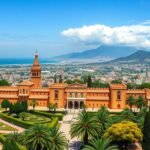 Málaga városának panorámája az Alcazaba mór erődítménnyel és a tengerrel.