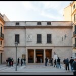 A Málaga-i Picasso Múzeum épülete látogatók előtt.