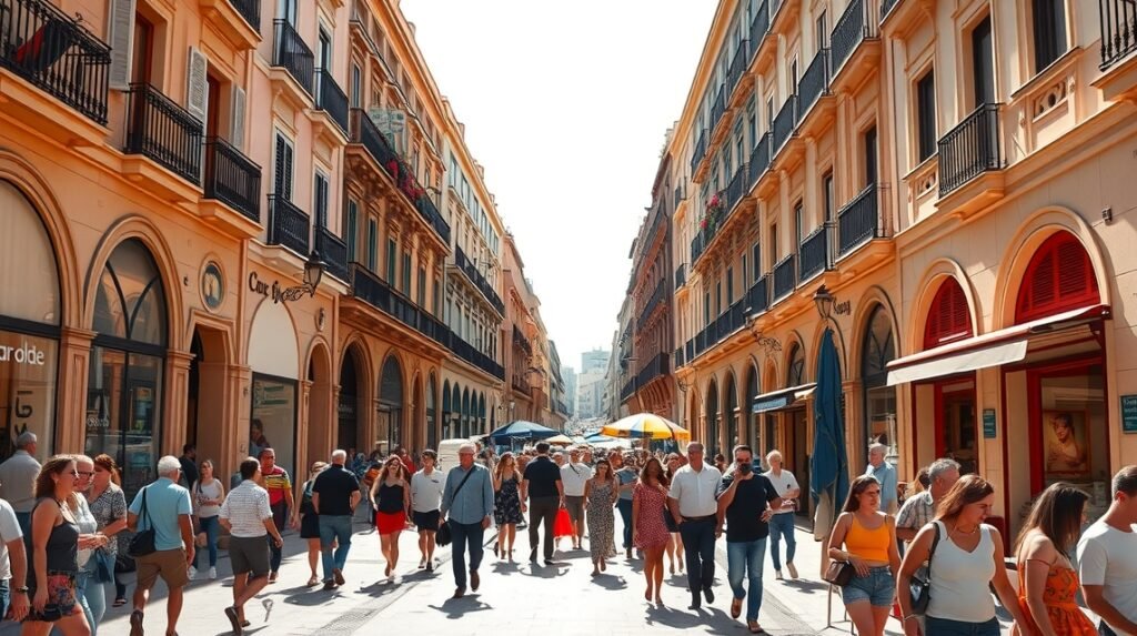 Séta a Calle Larioson Málaga városában, tömeg a pezsgett utcán.