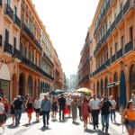 Séta a Calle Larioson Málaga városában, tömeg a pezsgett utcán.