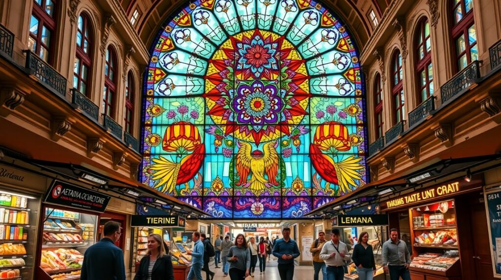 Az Atarazanas piac óriási üvegablaka Málaga város szívében.