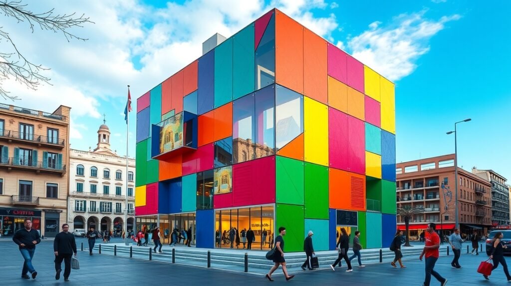 A színes Centre Pompidou Málaga épület, kortárs művészeti központ.