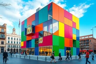 A színes Centre Pompidou Málaga épület, kortárs művészeti központ.