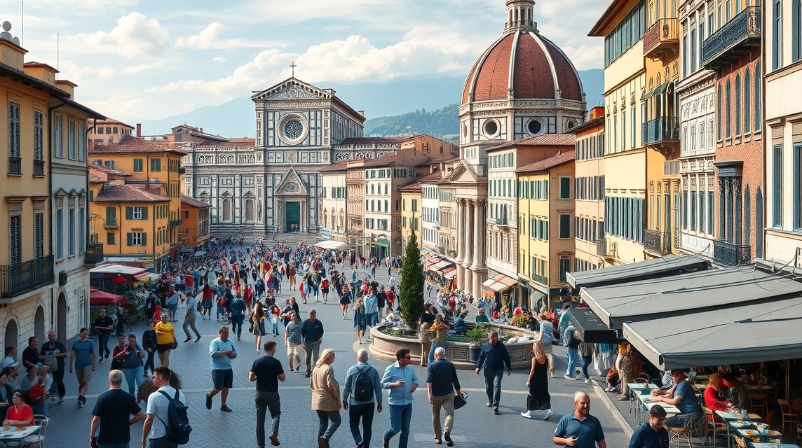 Firenze főszezonban, tömeg a város főterén, látnivalókkal.