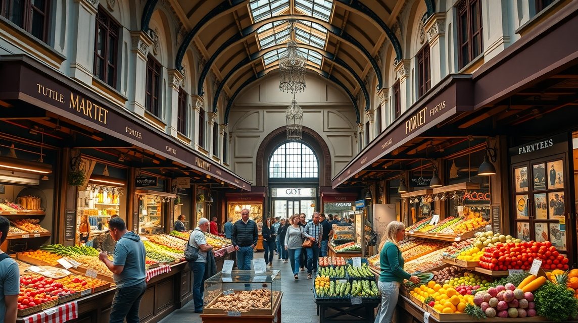 Pezsgő Mercato Centrale Firenze piaca, tele friss zöldségekkel és gyümölcsökkel.