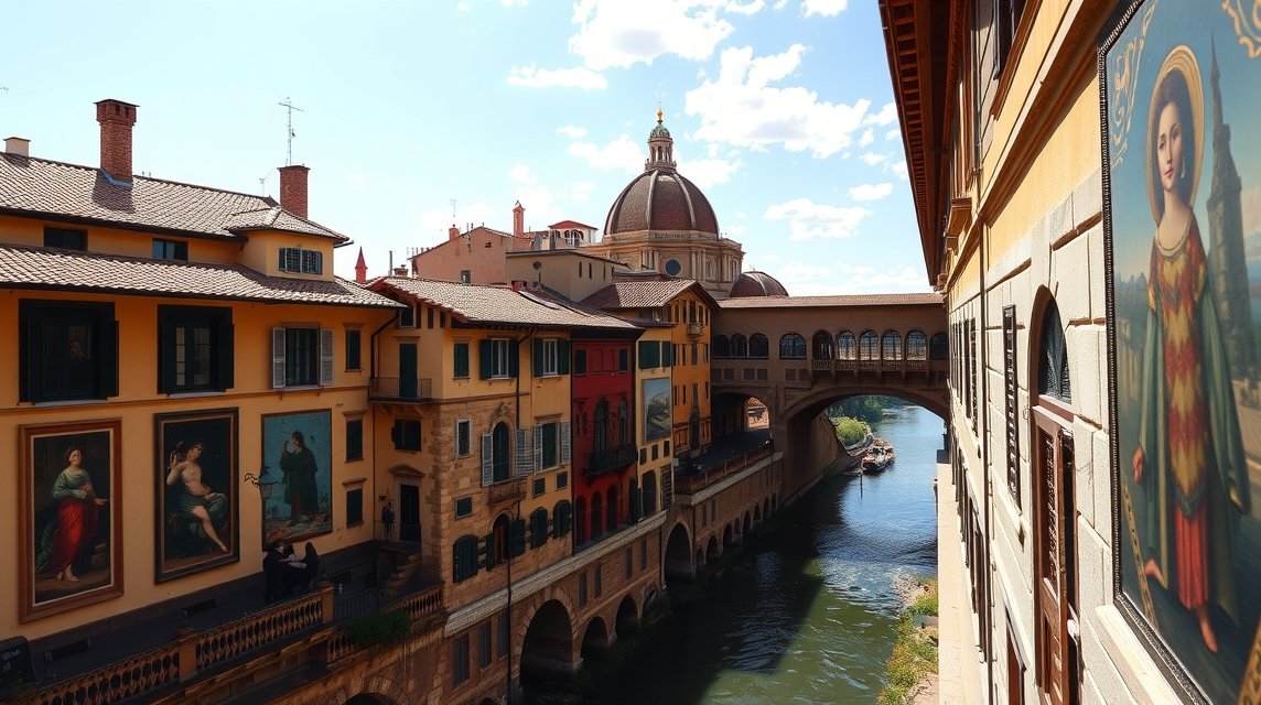 A Vasari-folyosó panorámája Firenzében, festményekkel díszített falakkal.