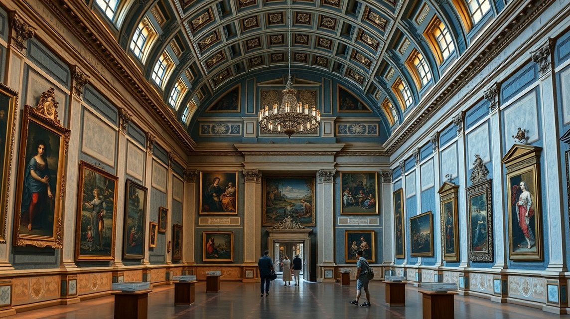 Az Uffizi Képtár belső tere, reneszánsz művek falakon.