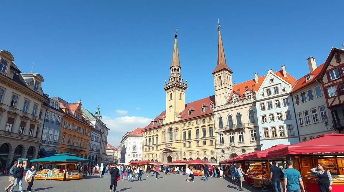 Graz Fő tér és a Városháza történelmi épületei napsütésben.