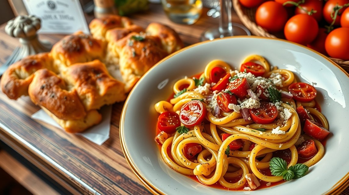 Bari gasztronómia - A Focaccia Barese és az Orecchiette 1 Focaccia Barese és friss orecchiette paradicsommal