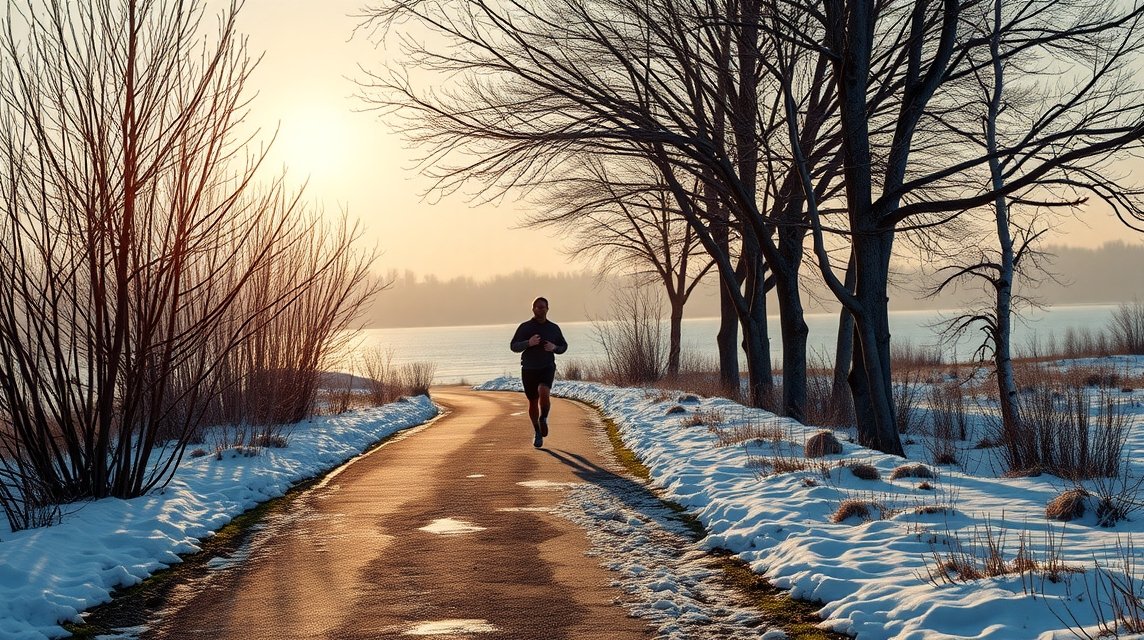 Férfi fut a hó borította úton naplementekor az erdő mellett.
