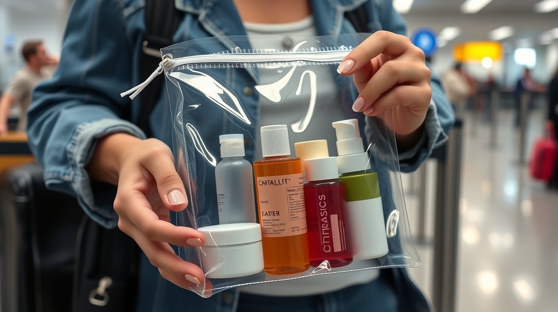 Átlátszó neszesszerben lévő folyadékok a repülőtéren