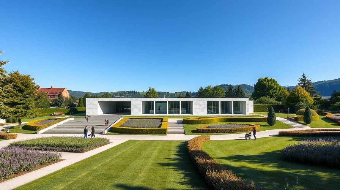 A Fondation Beyeler épülete és szoborparkja napfényben Riehen közelében.