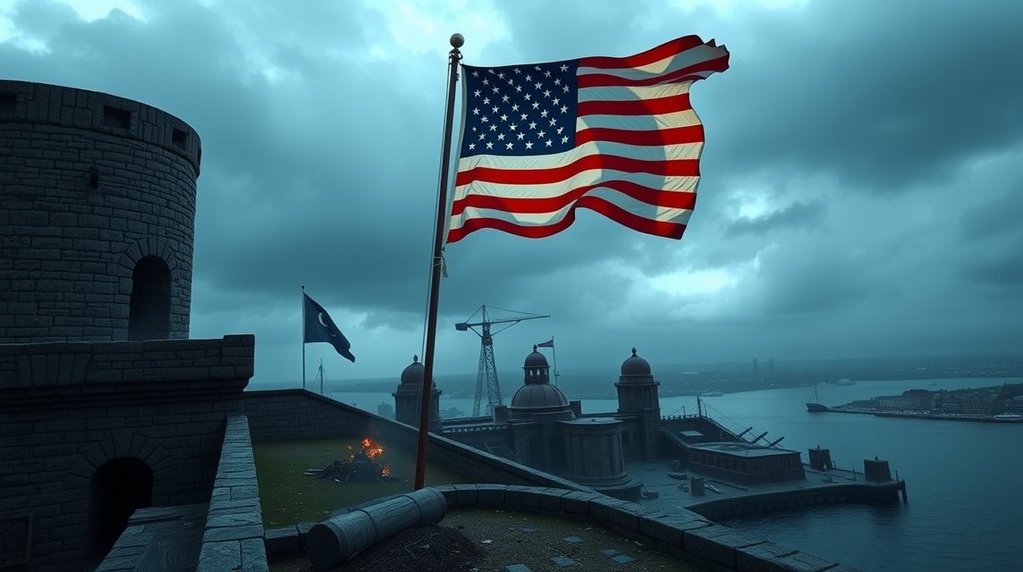 Fort McHenry amerikai zászlóval, Baltimore látképe.