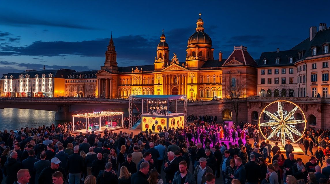 Frankfurti Múzeumpart Fesztivál éjjel, fényekkel és tömeggel