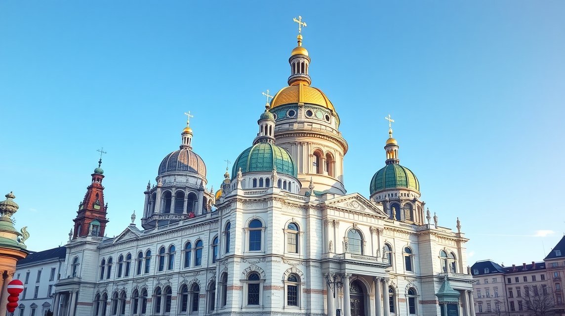 A München Frauenkirche ikonikus hagymakupolái a kék ég alatt.