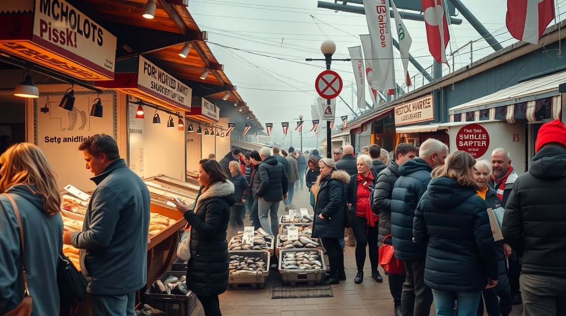 Rostock kikötői piac friss füstölt halakkal és látogatókkal