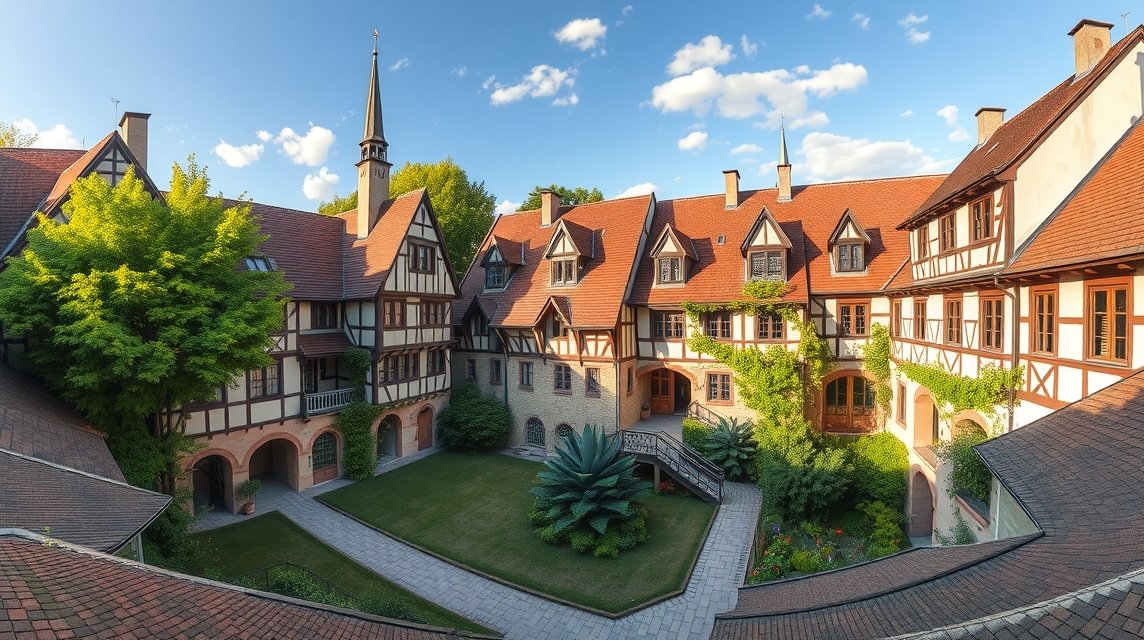 Augsburg Fuggerei, a világ legrégebbi szociális lakótelepe történelmi épületekkel.