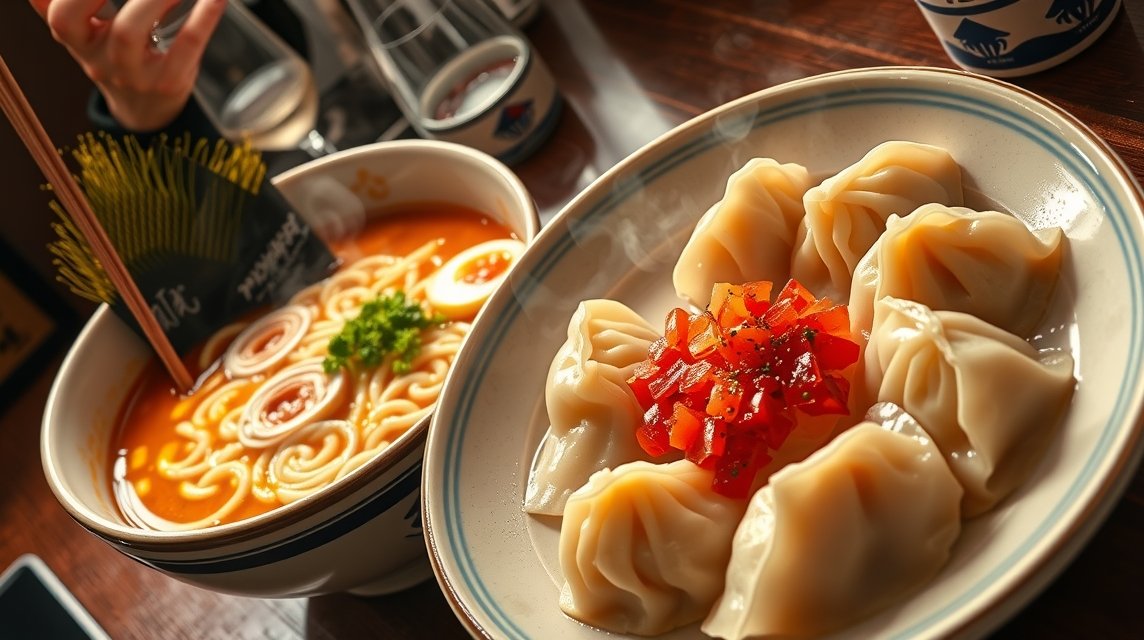 Tonkotsu ramen és Hakata gombóc egy étteremben Fukuokában