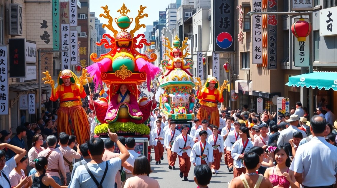 Hakata Gion Yamakasa fesztivál, díszes felvonulás Fukuokában.
