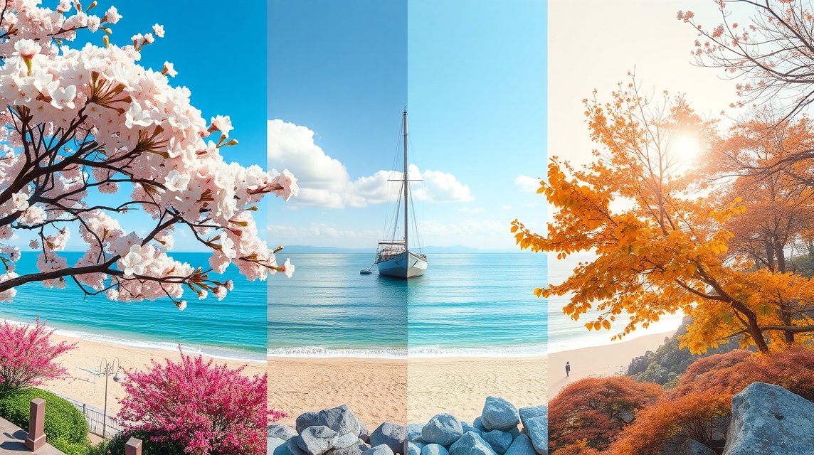 Tavaszi cseresznyevirág, nyári tengerpart és őszi lombok Fukuokában