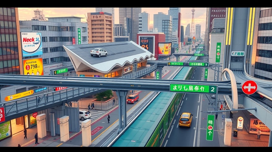 Fukuoka városi közlekedés és vasúti rendszer a reptér közelében.