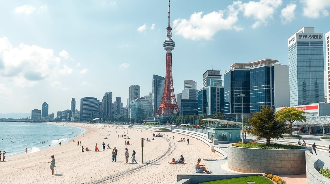 Fukuoka modern tengerparti látvány a Momochi Seaside Parkban