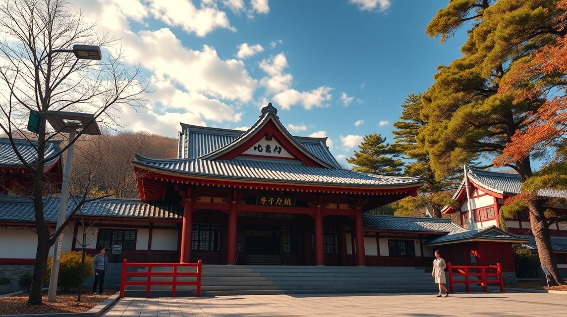 Fukuoka látnivalók - Sumiyoshi szentély 1 Fukuoka Sumiyoshi-szentély vörös torii-k és nyugodt környezetben.
