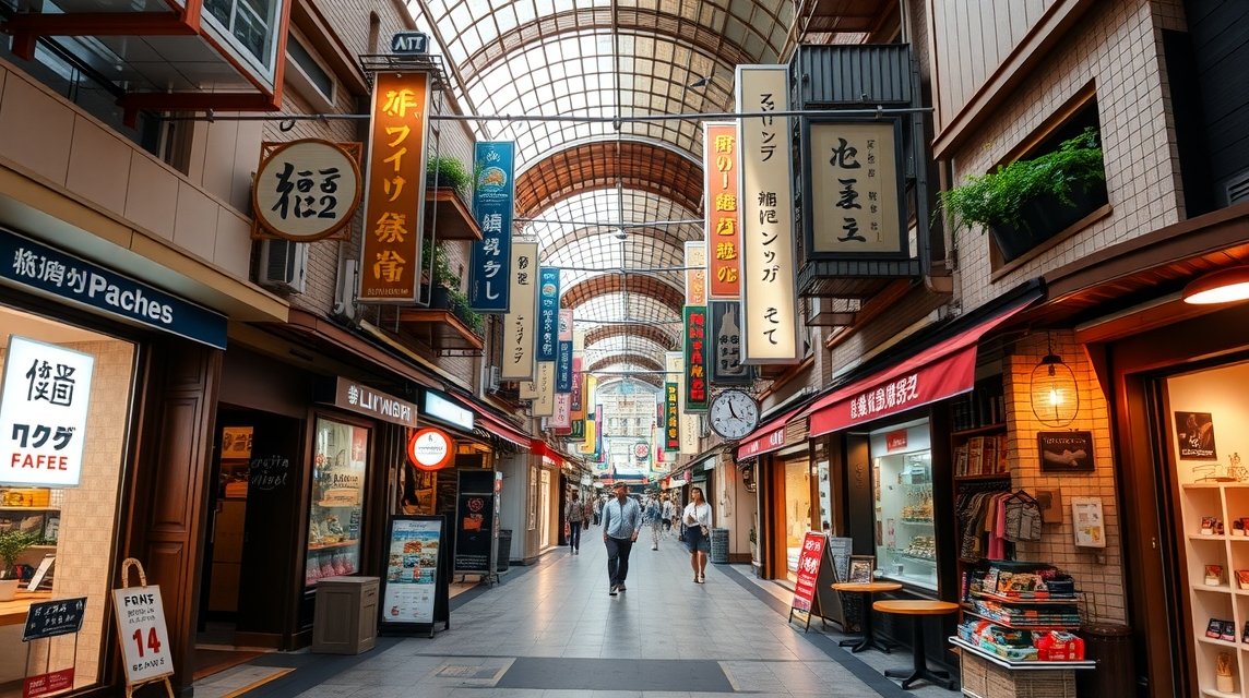 Fukuoka Tenjin földalatti bevásárlóutca, üzletek és kávézók