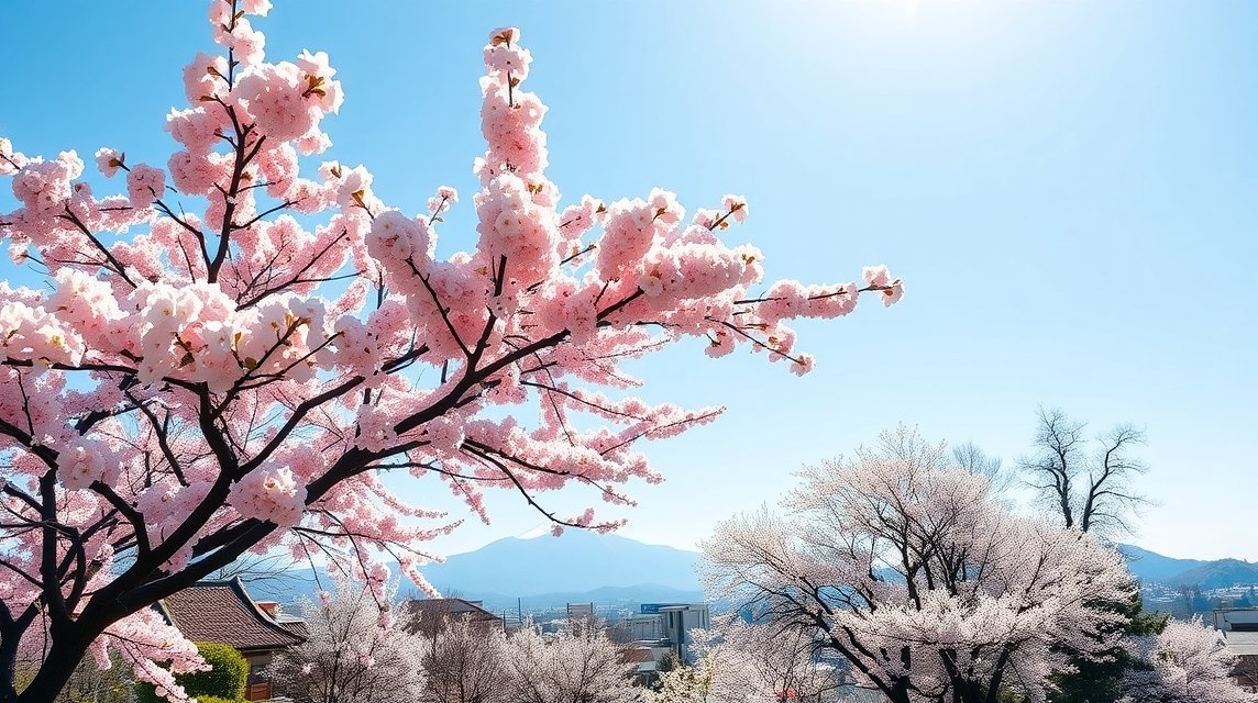 Cseresznyevirágzás a Fukushima régióban, Japánban, tiszta kék égen.