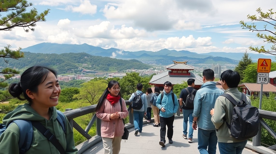 Turisták sétálnak a gyönyörű fukusimai tájban Japánban.