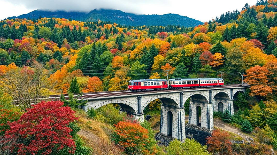 A Tadami vasútvonal iker szerelvénye egy gyönyörű őszi tájban