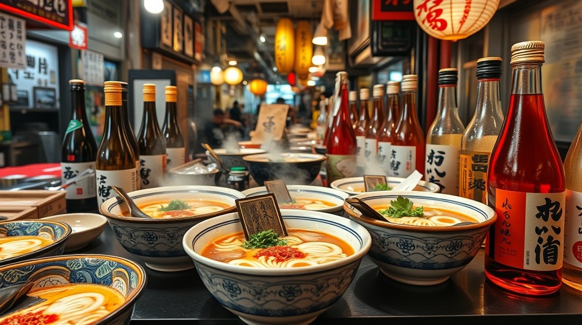 Kitakata ramen tálak és helyi szaké Fukusima városában