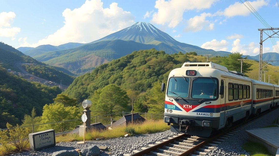 Vonat a Fukusima hegyvidékén egy gyönyörű tájban.
