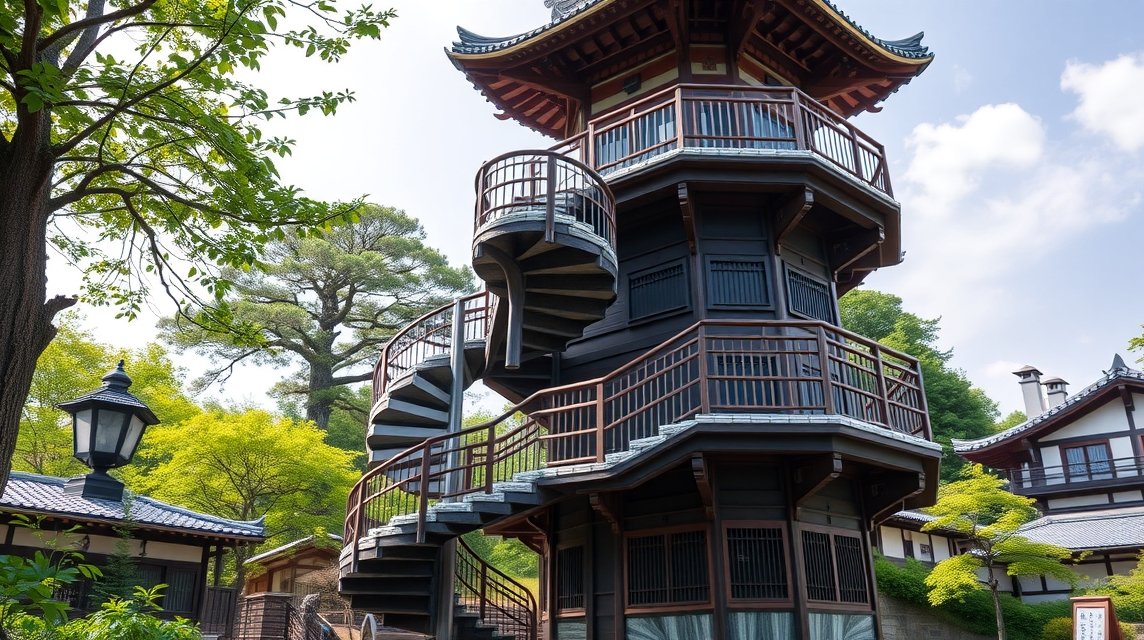 Fukusima látnivalók - Sazaedo, a csigalépcsős fatemplom 1 A Sazaedo csigalépcsős fatemplom Fukusimában, Japánban.