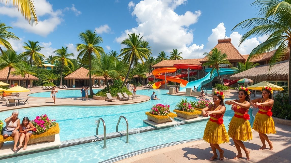 Spa Resort Hawaiians élményfürdő pálmafákkal és csúszdákkal