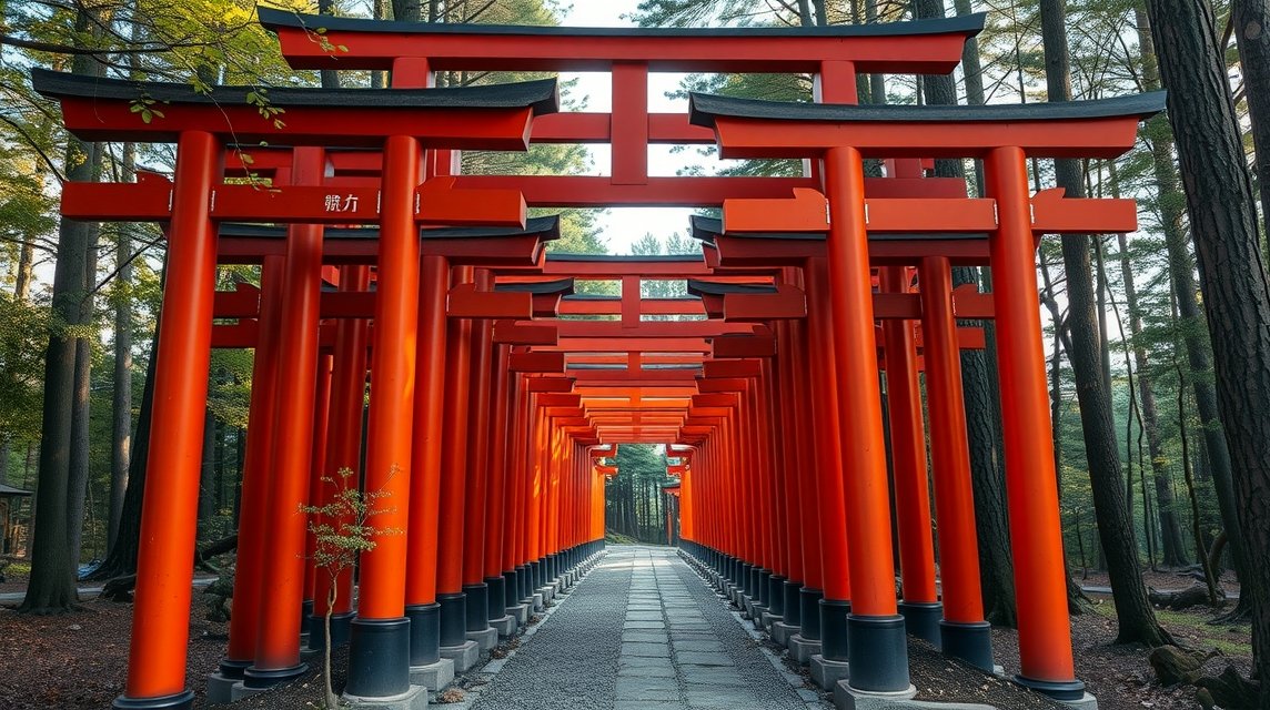 Fushimi Inari szentély piros torii kapui erdőben