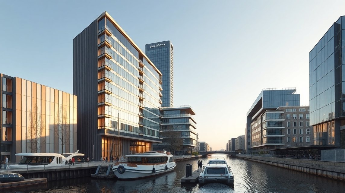 Düsseldorfi MedienHafen modern építészete és hajók a csatornán.