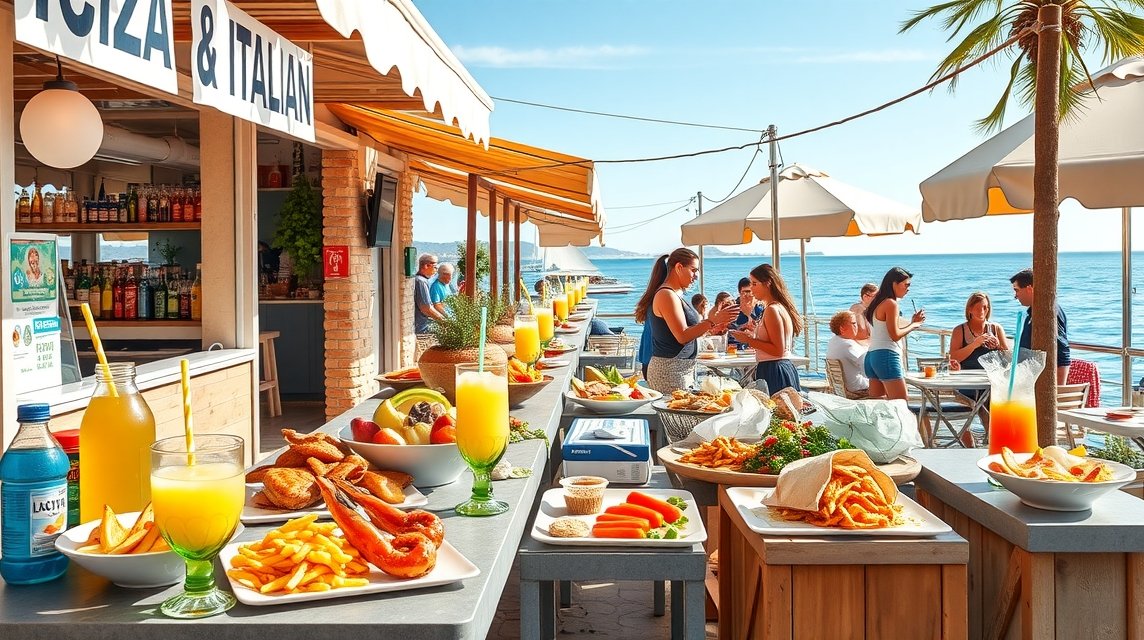 Olasz strandbüfé ínycsiklandó ételekkel és friss gyümölcsökkel a tengerparton.