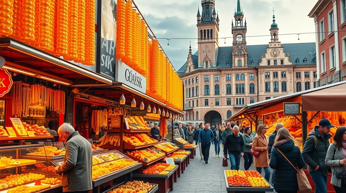 Gdańsk borostyános piac, antik üzletek és helyi mesterek