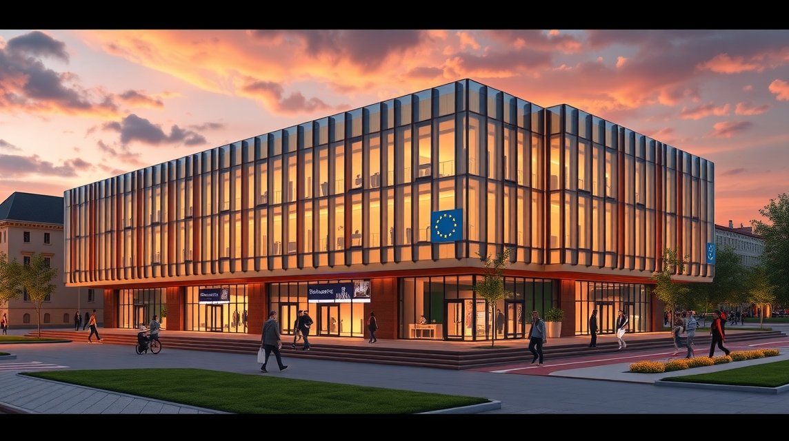 Az Európai Szolidaritás Központ Gdańskban, gyönyörű naplementében.