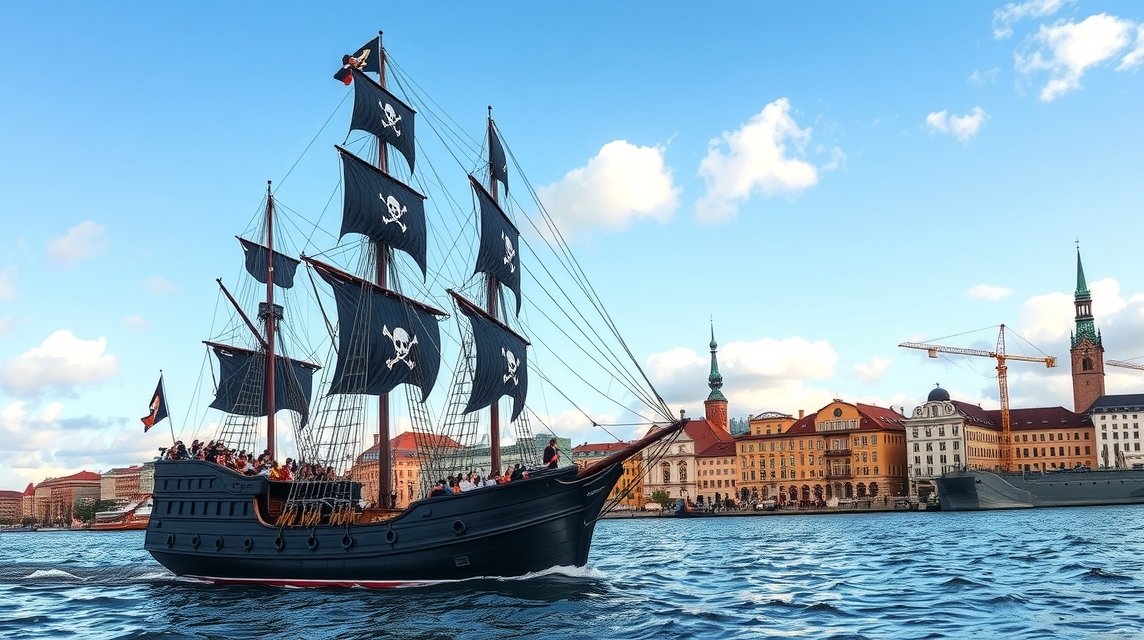 Gdańsk látnivalók - Hajókirándulás a Fekete Gyöngy kalózhajóval 1 Fekete Gyöngy kalózhajó a Gdański kikötőben hajókirándulás közben.