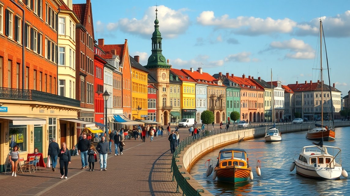 Séta a Motława folyó rakpartján Gdańskban, színes házak mellett.