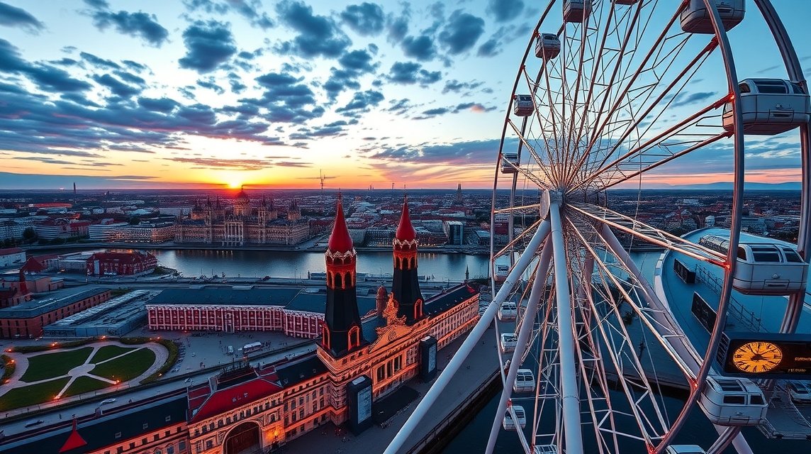 Panoráma a Gdańsk városáról az AmberSky óriáskerékből naplementekor.
