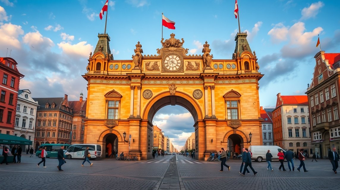 Gdańsk látnivalók - A Zöld kapu és a királyi út vége 1 A Zöld kapu Gdańskban a Királyi út végén, gyönyörű naplementében.