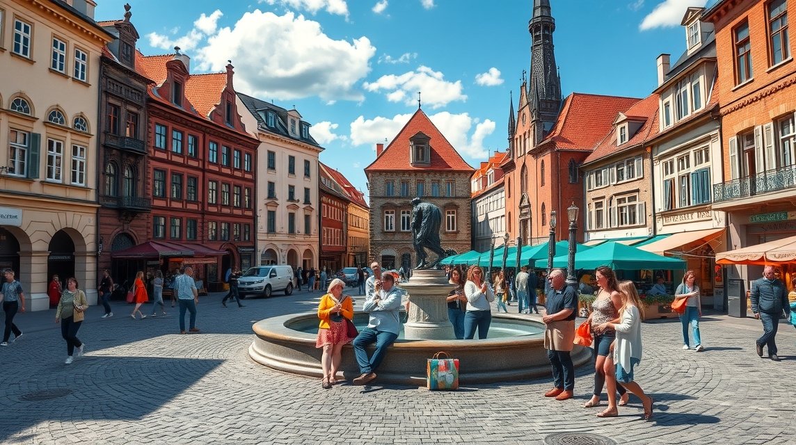 Gdański Neptun-kút a Hosszú Piac szívében, gyönyörű épületek között.
