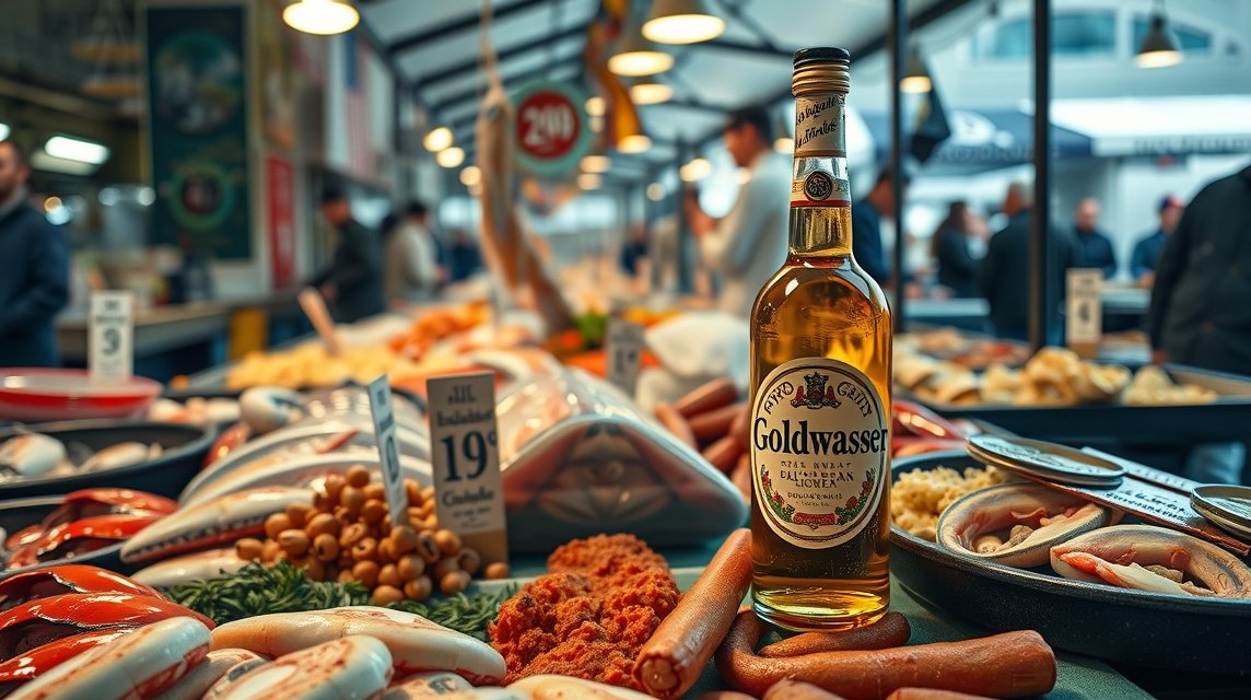 Friss halak és Goldwasser likőr a gdański piacon