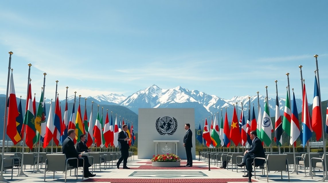 Diplomáciai találkozó Genfben a világ zászlóival a háttérben.